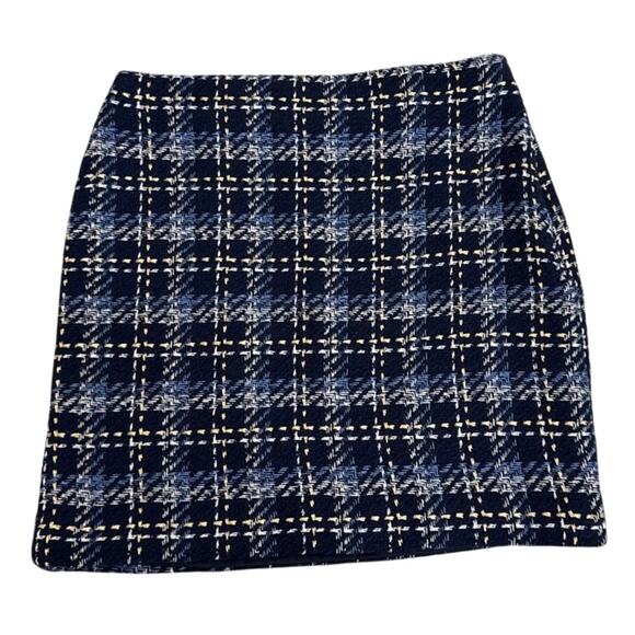 Boston Proper Preppy Professional Blue Plaid Tweed Mini Skirt Size 14 - Picture 2 of 4